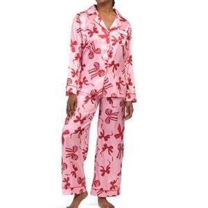 Dalia Macphee Pink Satin Bow Print Notch Collar Pajama Set Women's Medium New